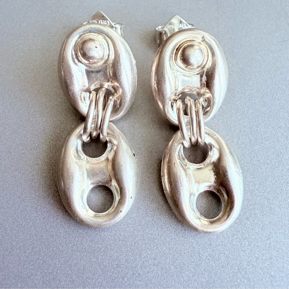 Puffy Mariner/ Coffee Bean Dangle Italian Earrings in Sterling Silver - Picture 1 of 7